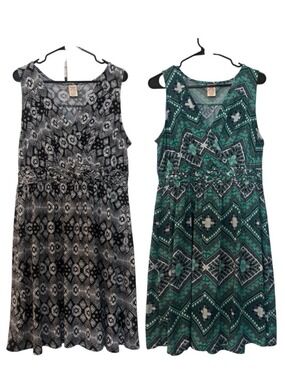 Faded Glory Black Teal Green Geometric Midi Dress 1X